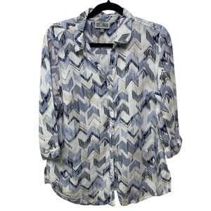 JM Collection Button Up Linen Blouse Blue White Print Pattern Travel Summer M‎